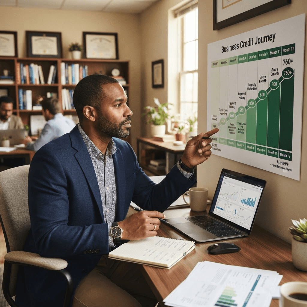 A small business owner reviewing a credit-building timeline on a laptop at a desk
