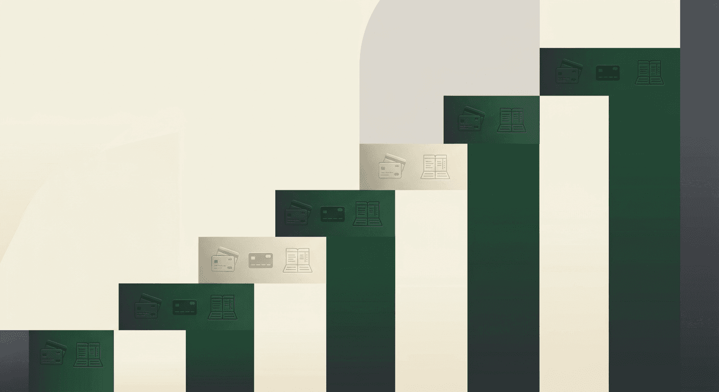 Abstract illustration of seven ascending steps, each embossed with a small ledger icon