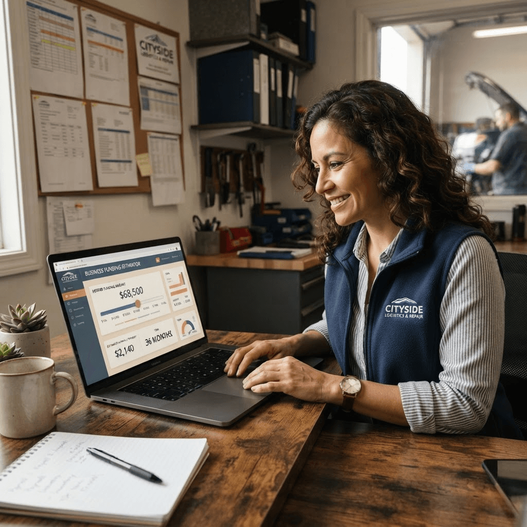 A small business owner reviewing a funding estimator dashboard with a revenue slider on a laptop screen