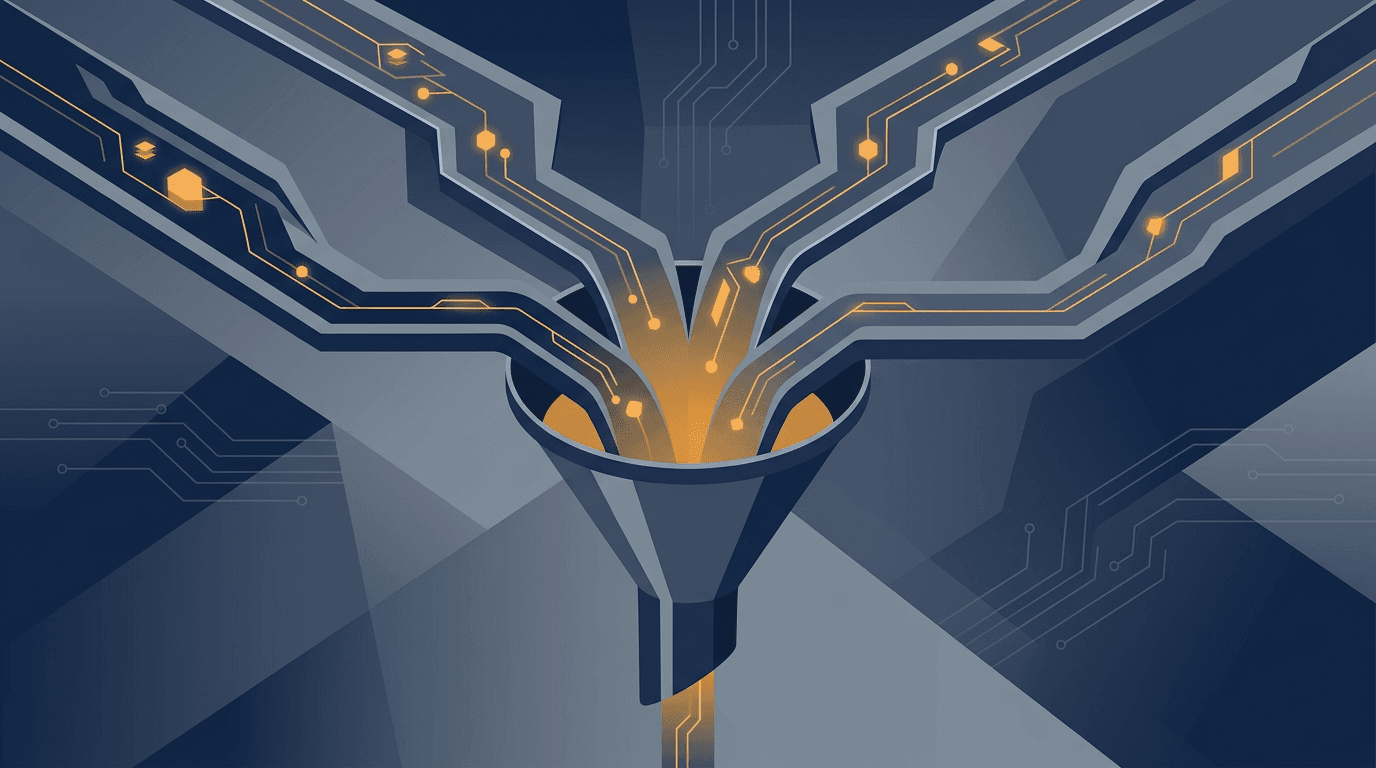 An abstract illustration of four geometric paths converging into a single application funnel