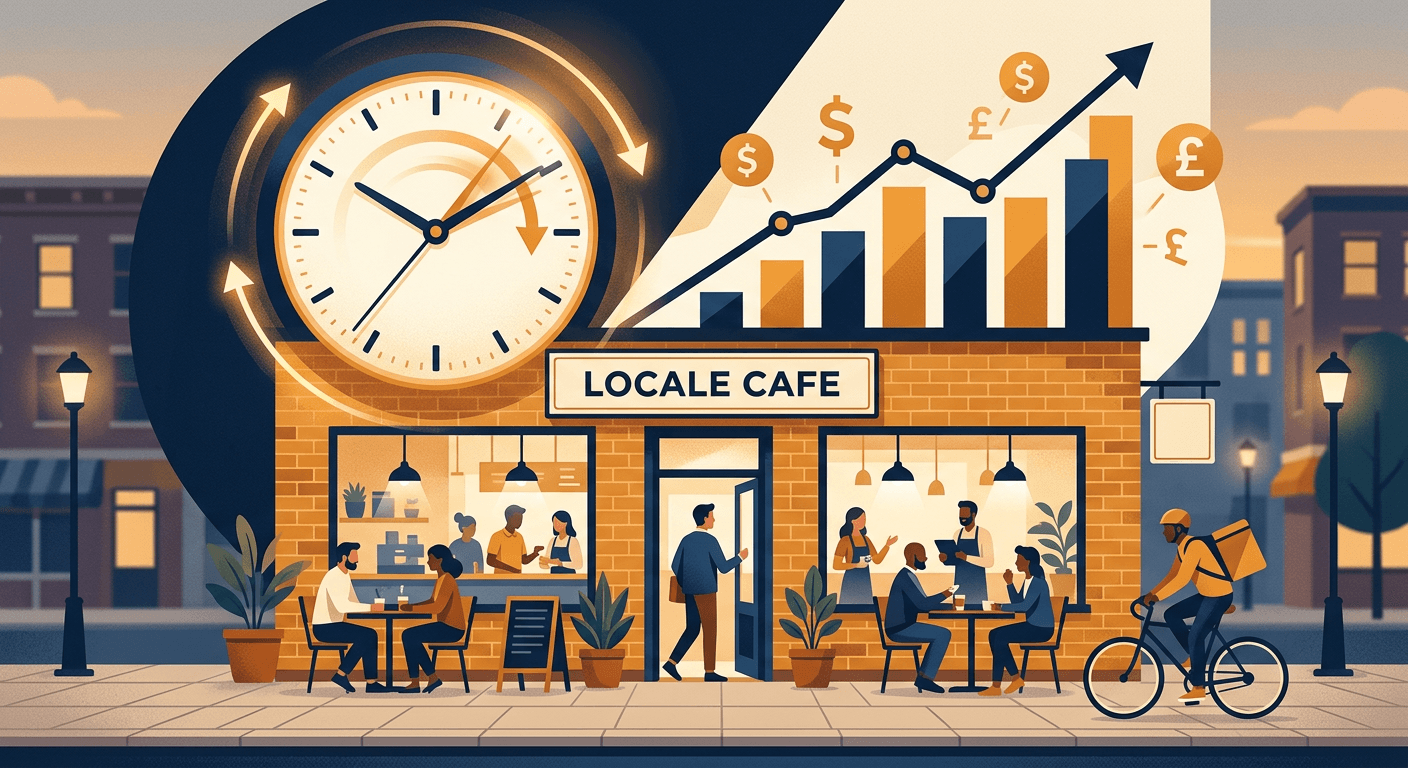 A small storefront illustration with a fast-approval clock and a cash flow line graph overlay
