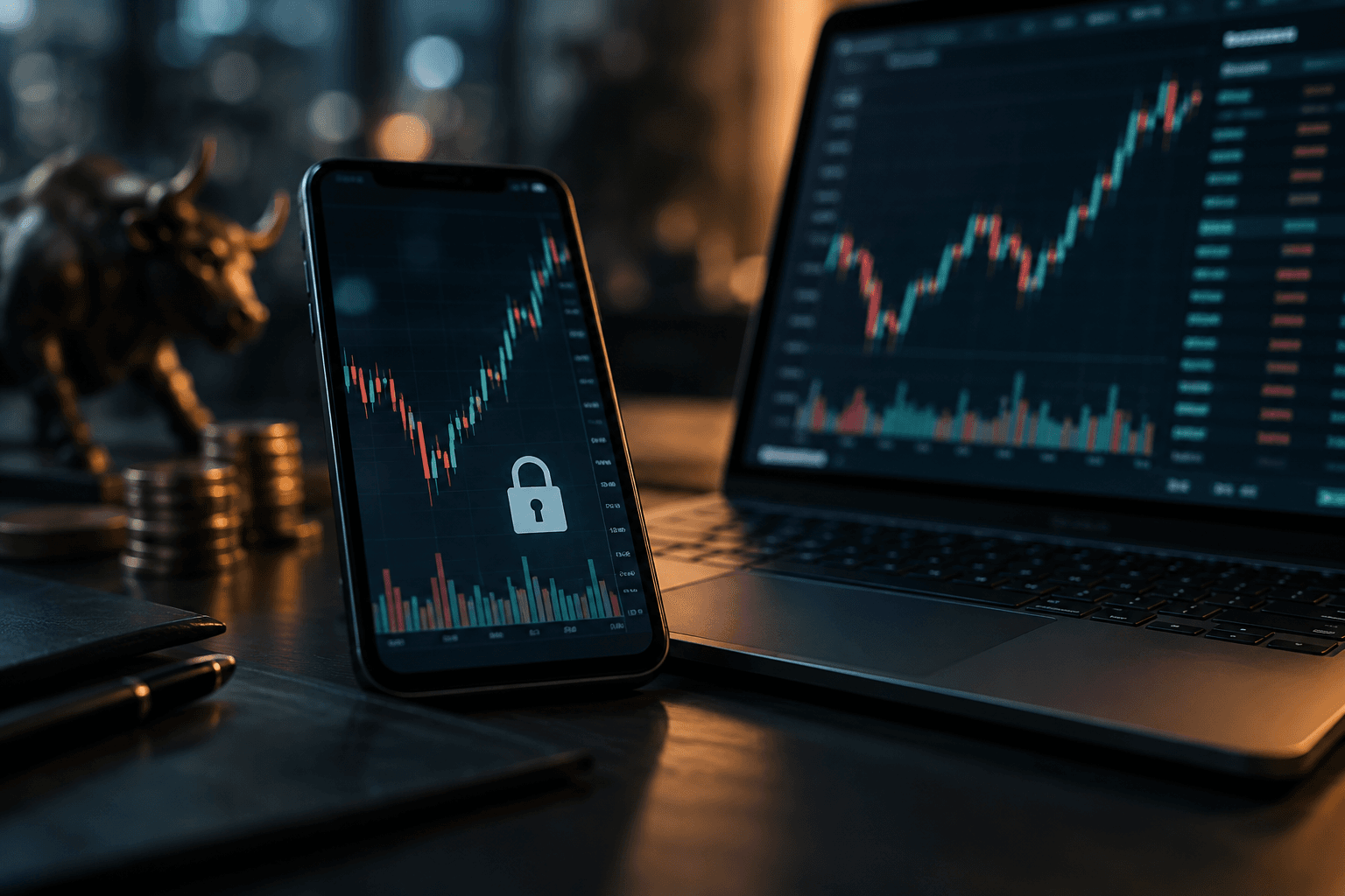 A smartphone and laptop on a dark desk showing blurred trading charts with a small padlock icon
