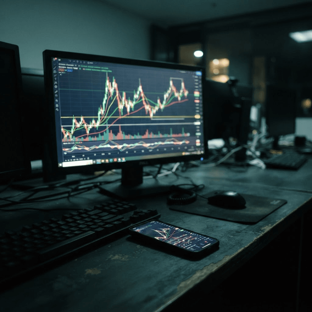A dim trading desk monitor showing abstract candlestick charts beside a smartphone