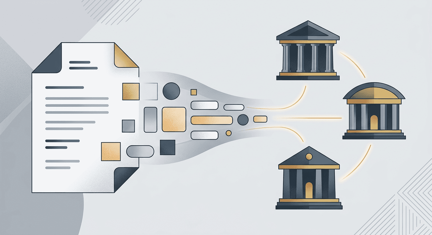 A stylized document transforming into structured data fields flowing into three credit bureau icons
