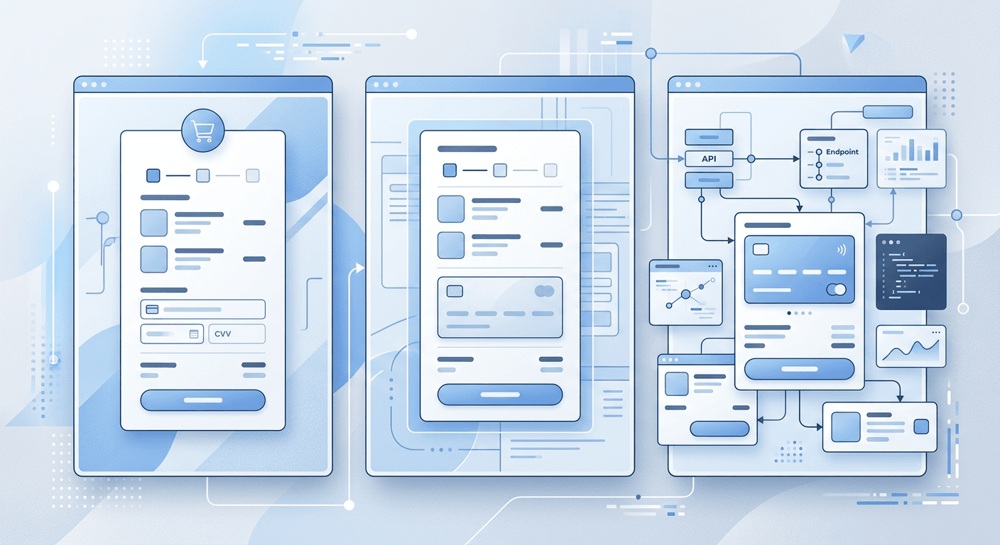 An abstract illustration of three checkout interface panels representing hosted, embedded, and custom payment flows
