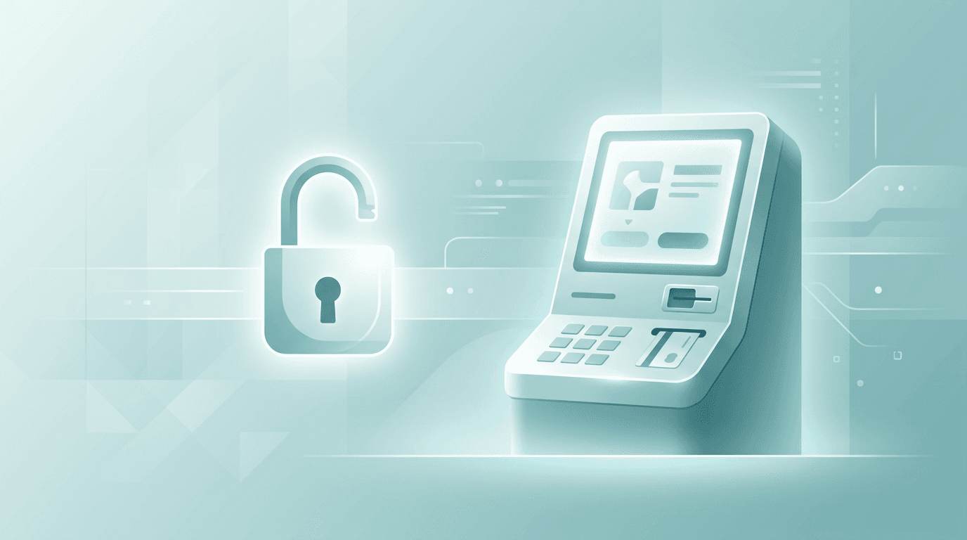 An abstract illustration of a checkout terminal interface beside an open padlock icon