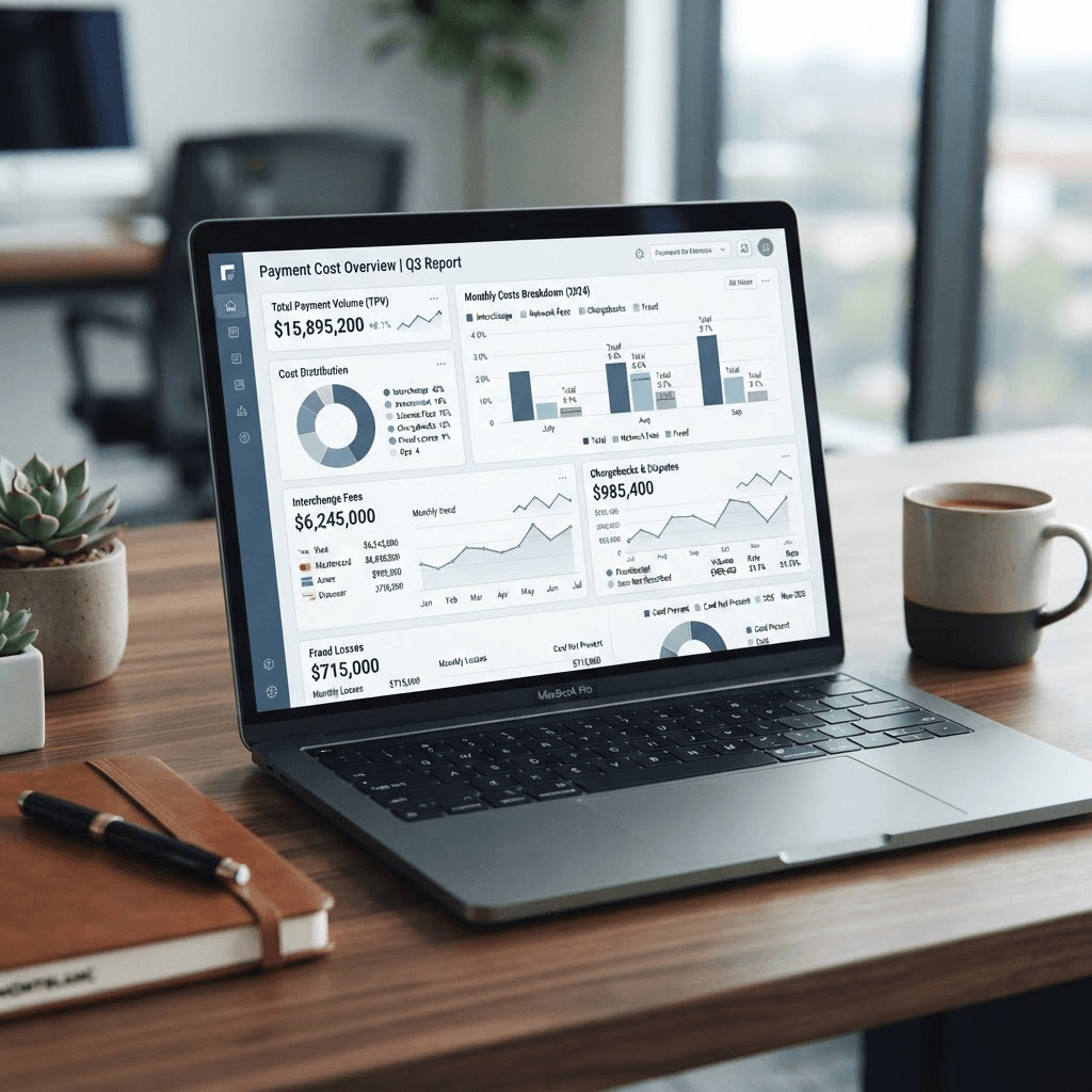A dashboard on a laptop screen showing a payments cost breakdown with charts for fees and chargebacks