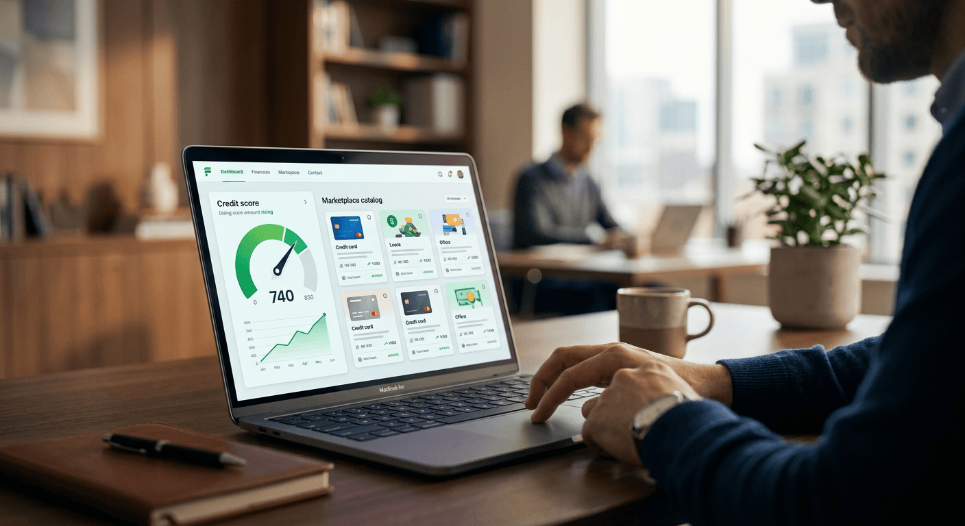 A laptop screen showing a credit score dashboard with a rising score gauge