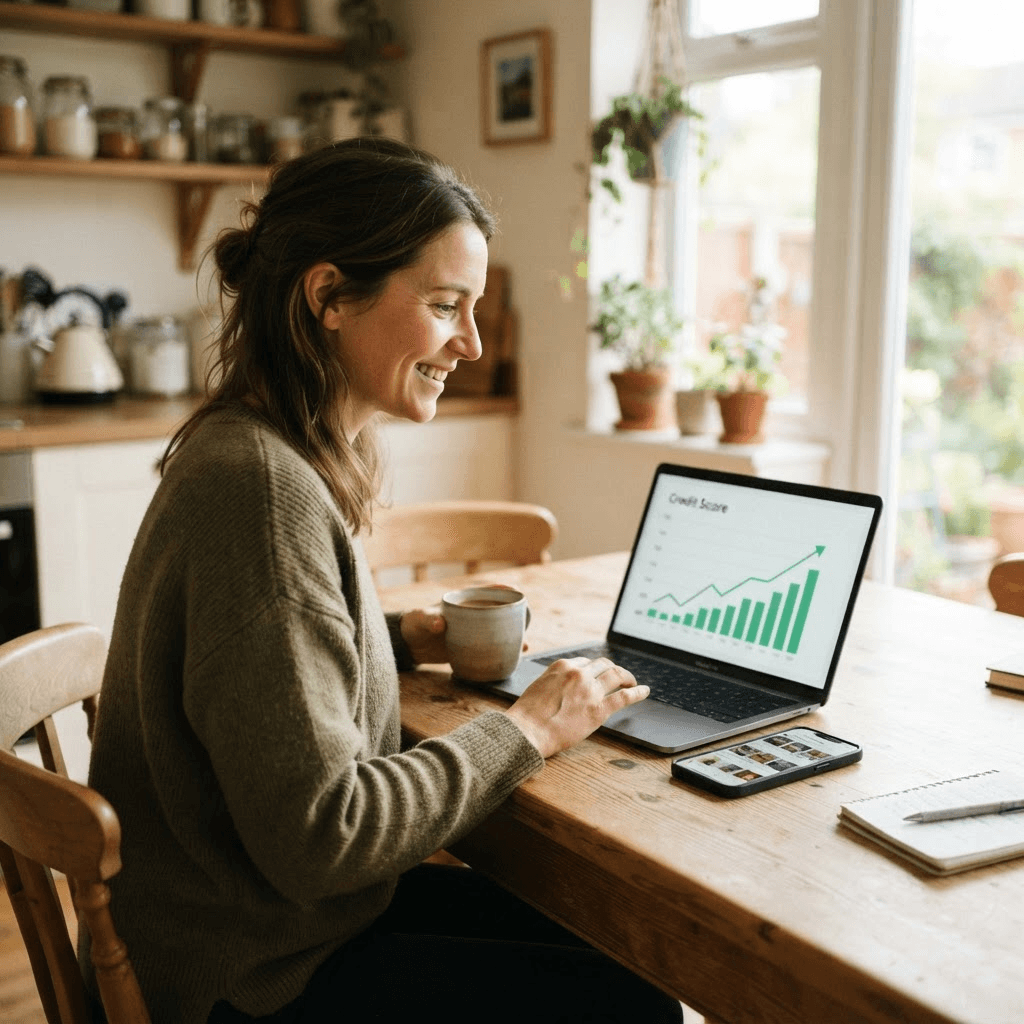 A person at a kitchen table reviewing a credit score trend chart on a laptop alongside a phone showing a shopping app