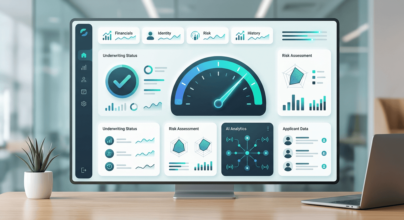 An abstract dashboard interface showing a credit score gauge and approval indicator