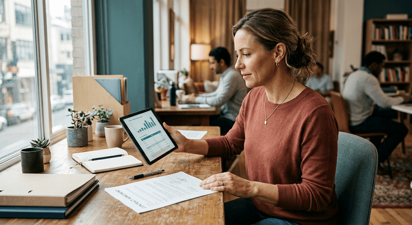 A small business owner at a desk reviewing a tablet showing an abstract installment payment schedule beside a signed contract