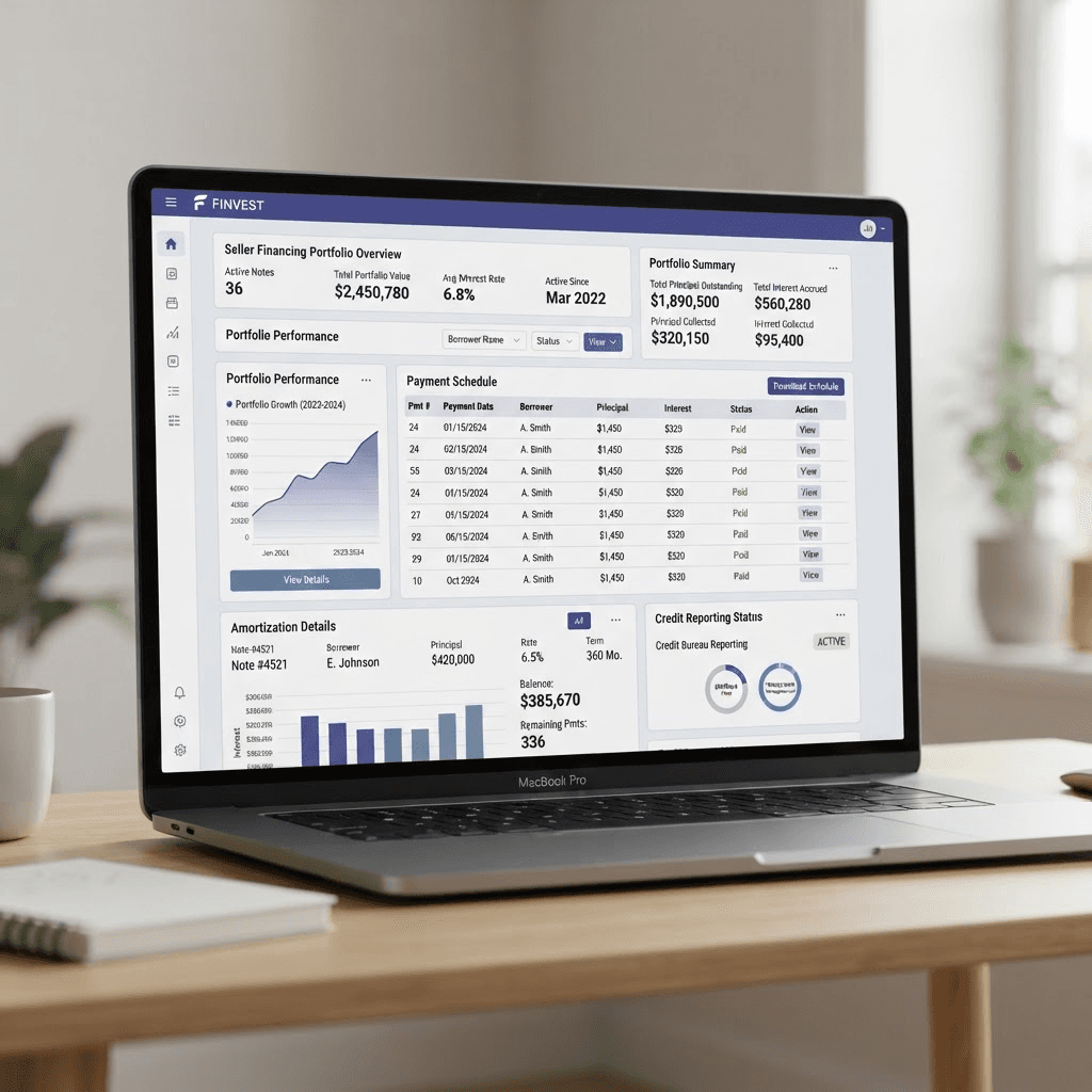 A seller-financing portfolio dashboard mockup showing a payment schedule table and a credit-bureau reporting badge
