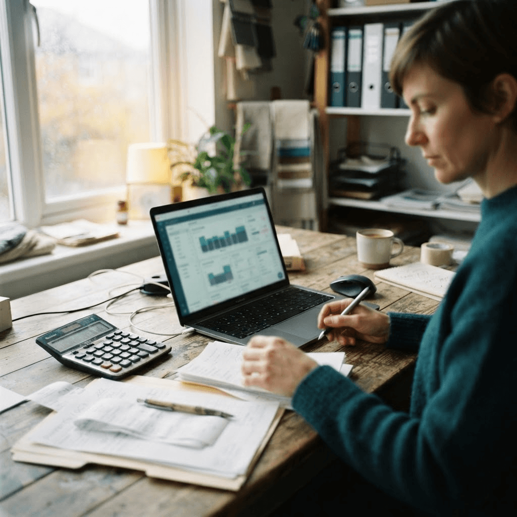 A small business owner’s desk with a laptop showing an abstract payment schedule and a calculator nearby