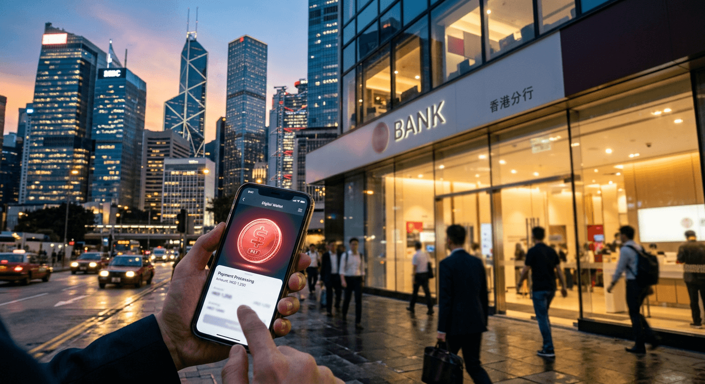 A modern bank branch exterior in Hong Kong at dusk with a smartphone showing a digital wallet app