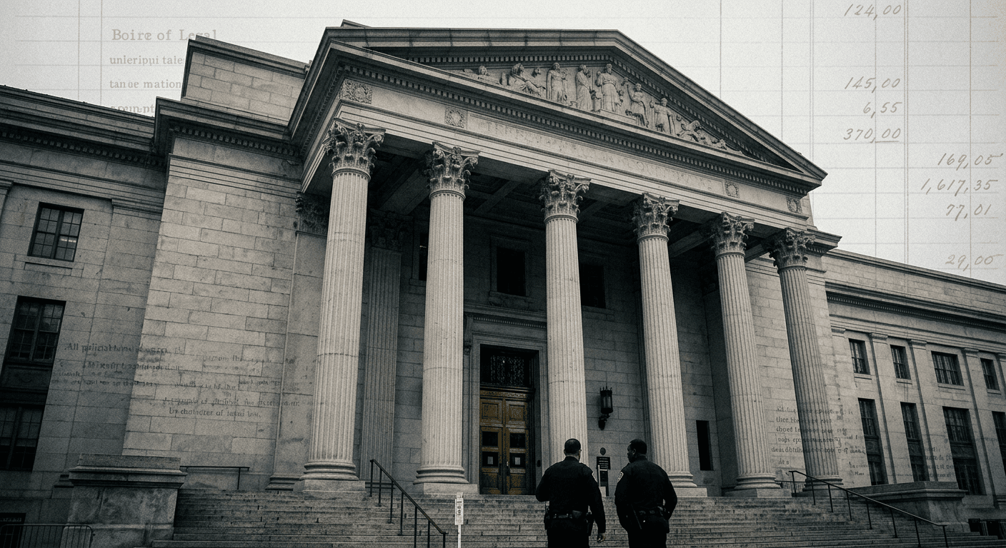A federal courthouse exterior with classical columns overlaid with a faint ledger texture