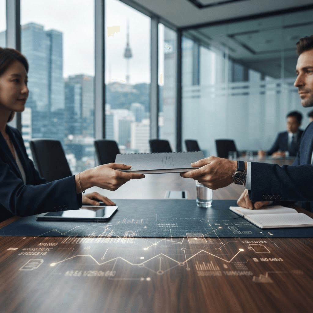 Two executives exchanging a document across a conference table with a faint digital ledger pattern