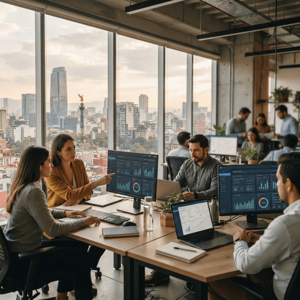 Fintech office in Mexico City with dashboards showing business banking metrics