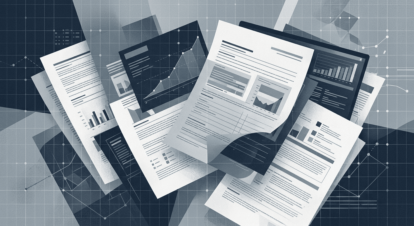 Abstract illustration of insurance policy documents overlaid with a digital data grid