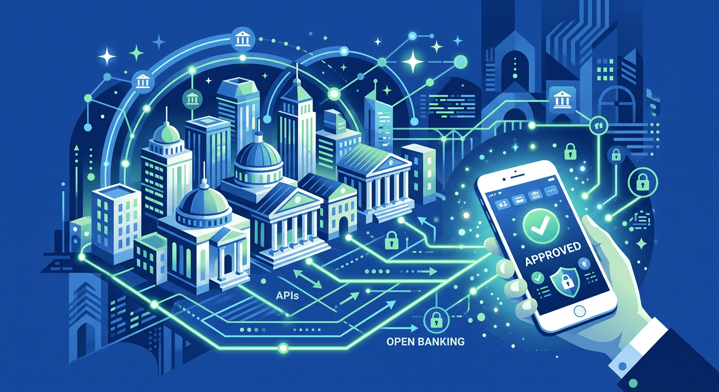 A smartphone payment approval connected to a constellation of banks through secure open-banking lines