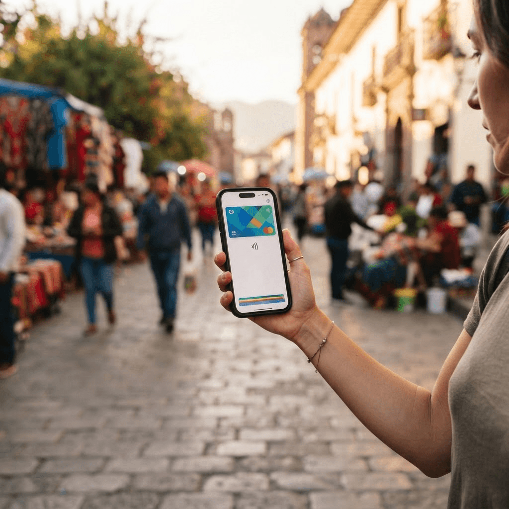 A hand holding a smartphone displaying an abstract digital wallet card interface
