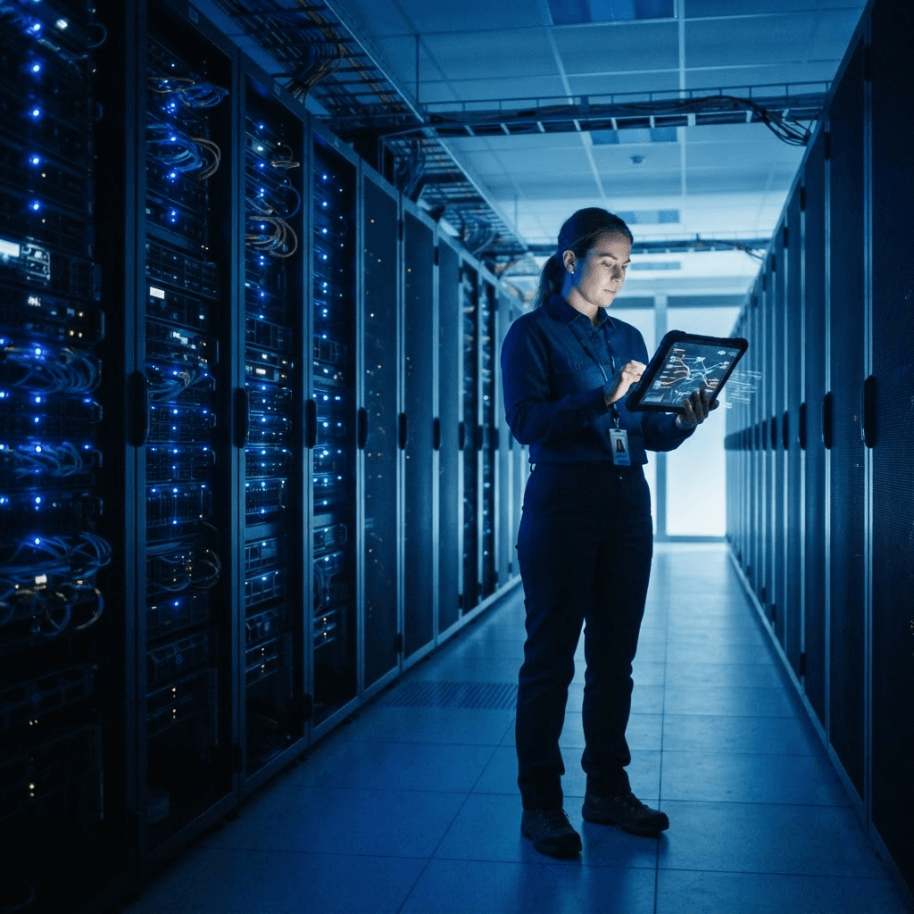 A bank data center server room with blue-lit server racks and a technician reviewing a tablet