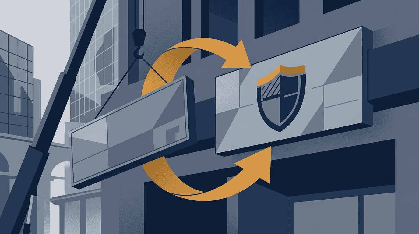 An abstract illustration of a bank branch sign being replaced above a shield-like emblem