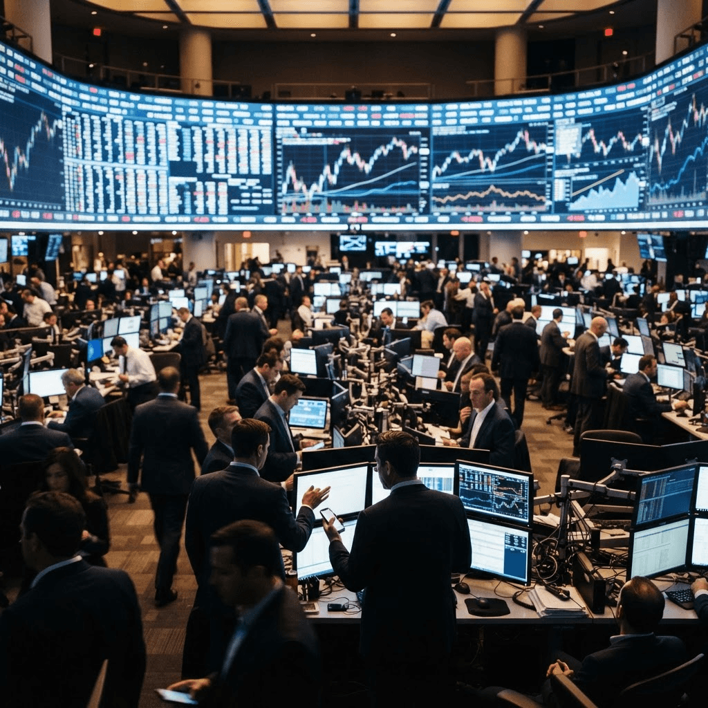 A financial exchange trading floor at dusk with glowing digital ticker displays