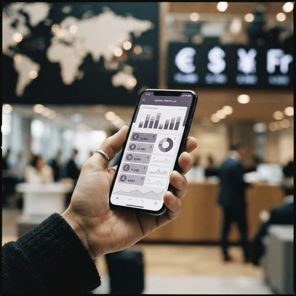 A hand holding a smartphone showing an abstract multi-currency banking app interface