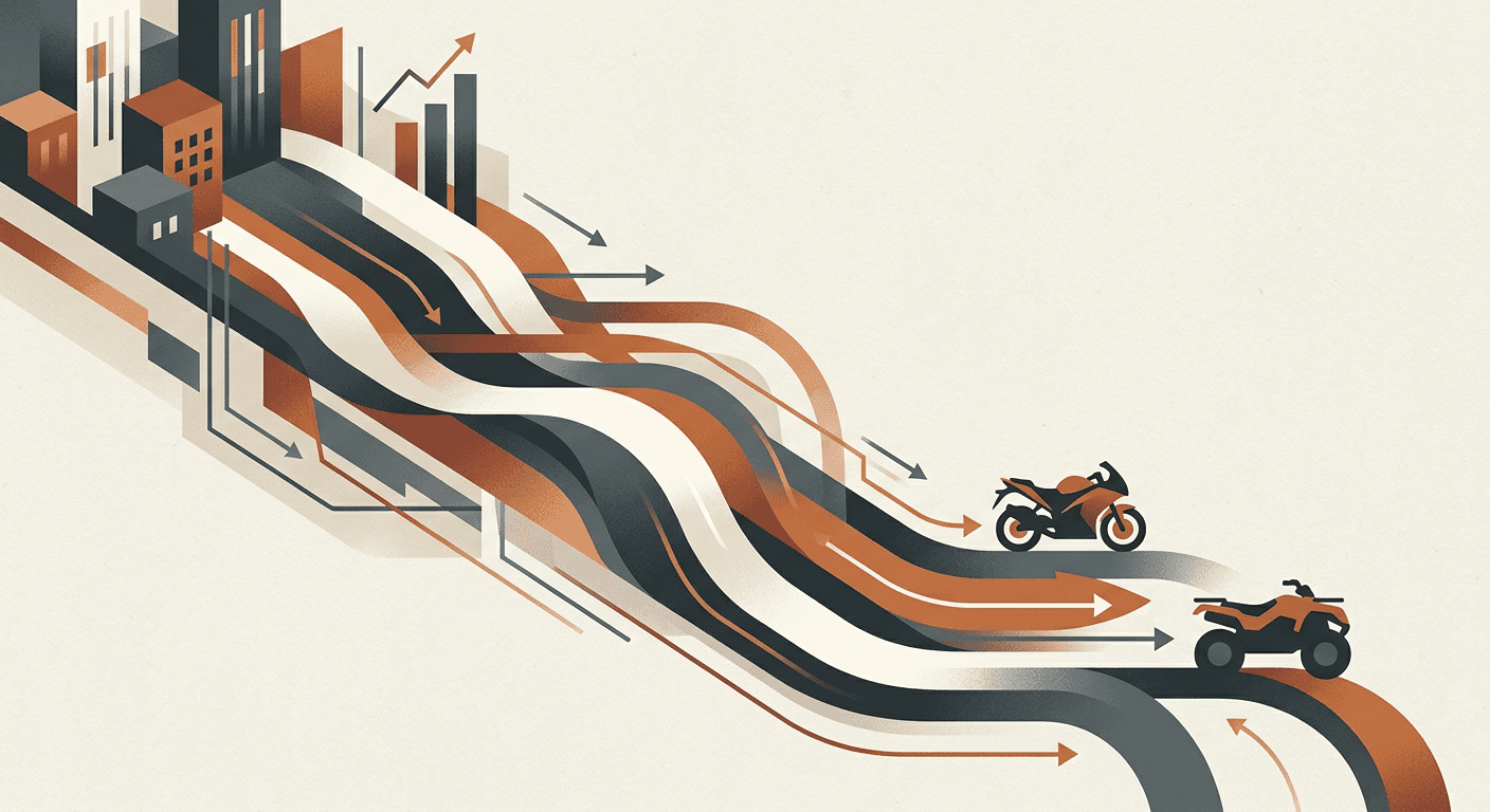 Abstract illustration of a capital pipeline connecting to silhouettes of a motorcycle and all-terrain vehicle