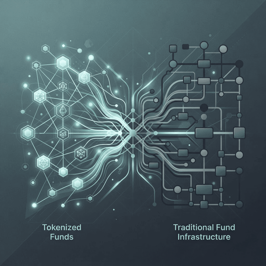 Abstract illustration of two separate financial network diagrams merging into a single unified node network
