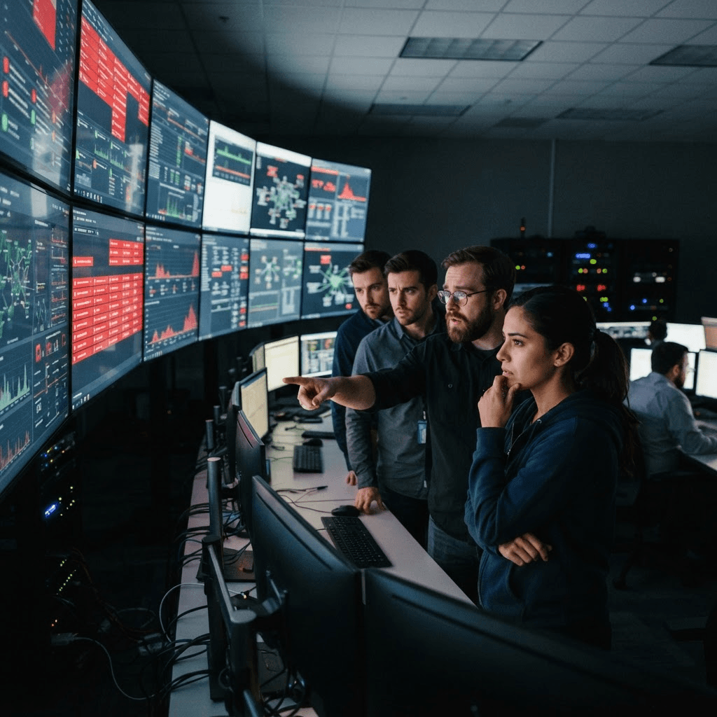 Engineers at a network operations center watching wall-mounted status dashboards showing red alerts