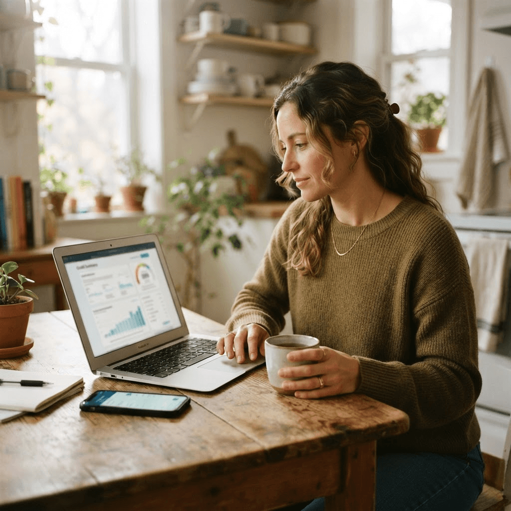 A person reviewing a credit score dashboard on a laptop at a kitchen table