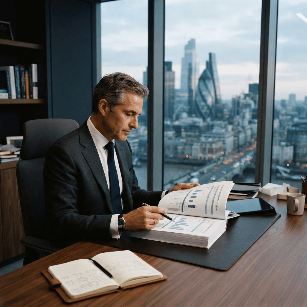 An investment partner reviewing a printed portfolio report at a desk overlooking a city skyline