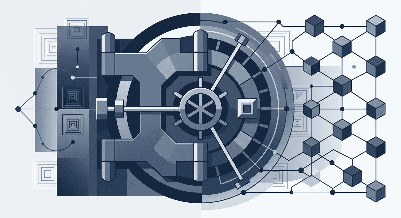 Abstract illustration of a bank vault door merging with a blockchain ledger grid
