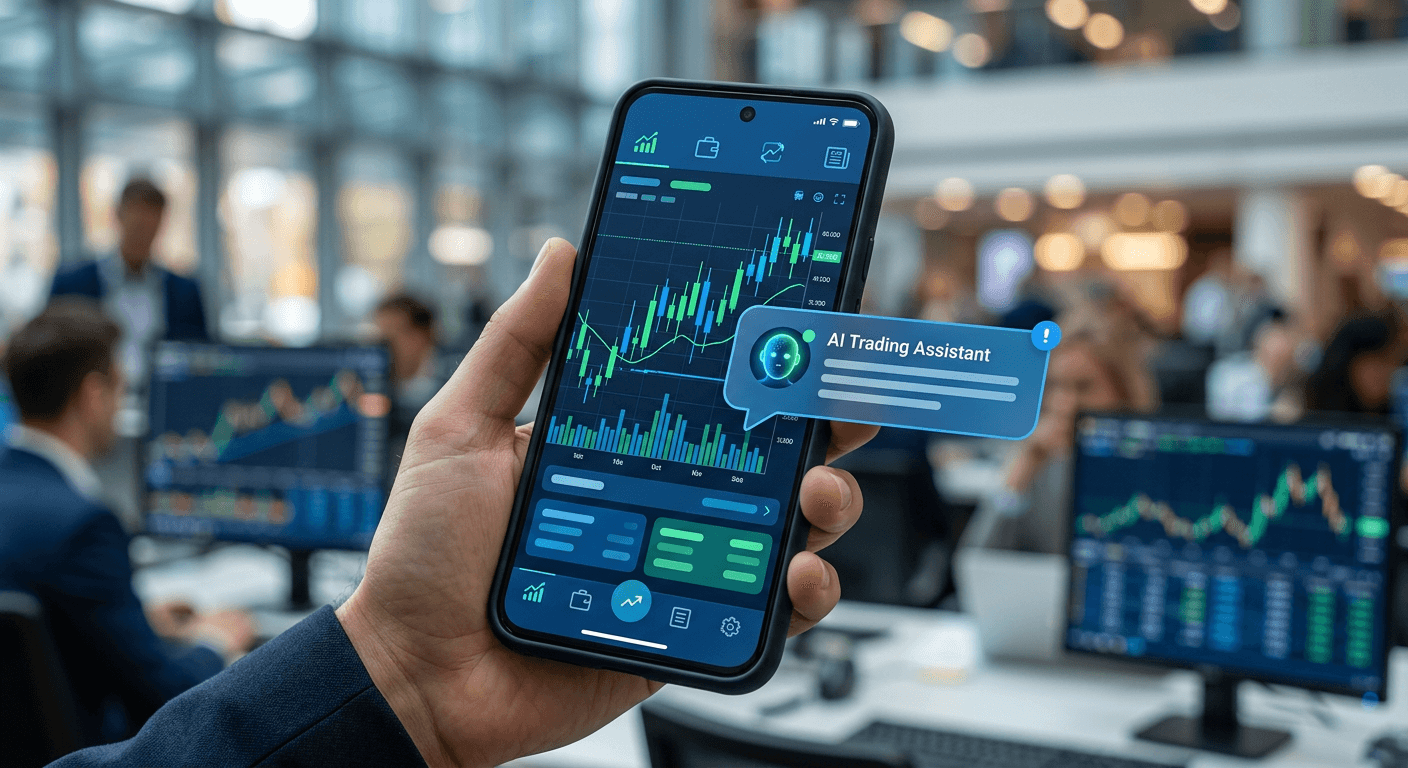 A smartphone displaying a trading app with an AI chat interface overlaying stock charts
