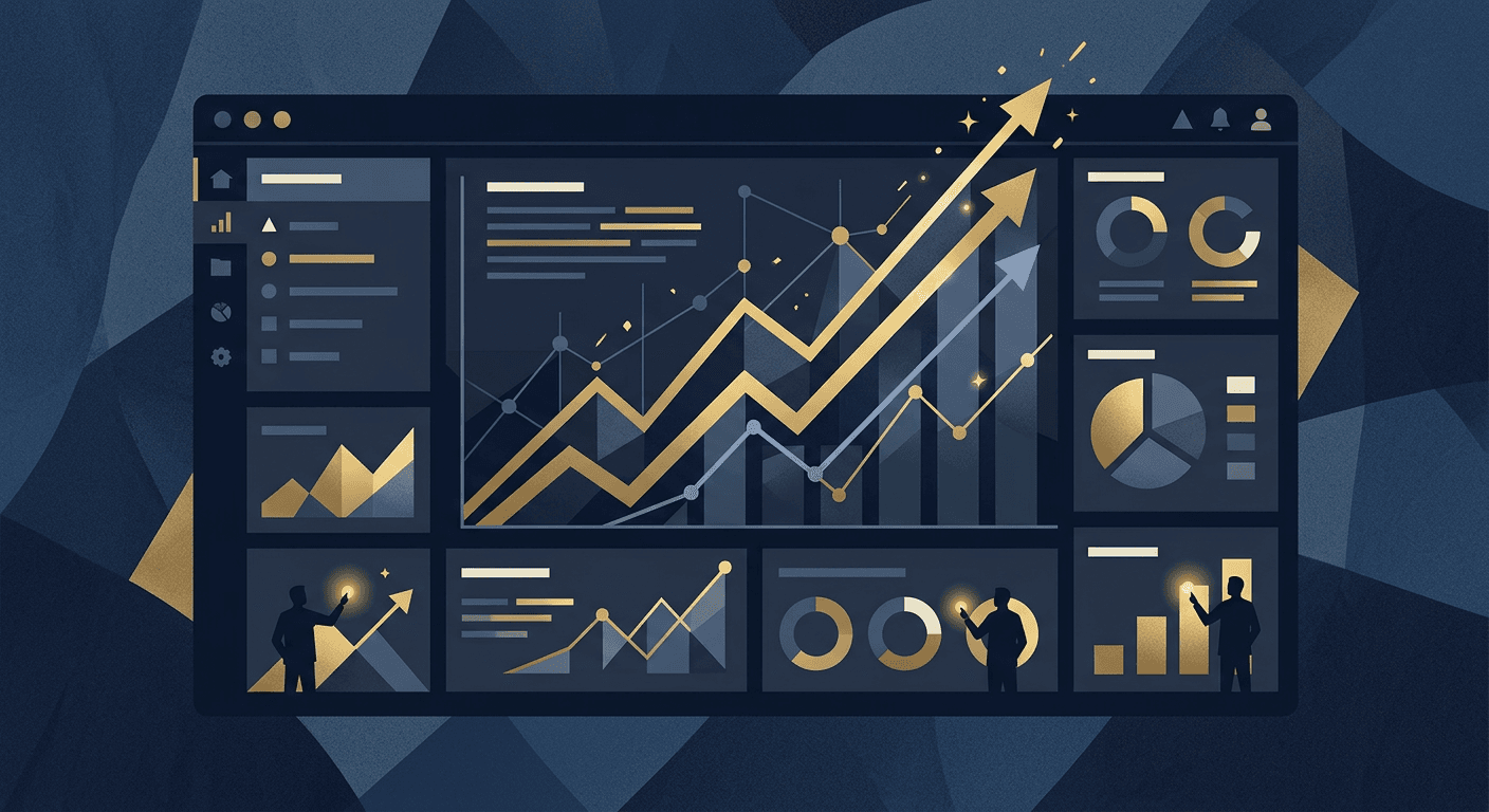 Abstract illustration of a dashboard interface with upward growth lines representing an AI-native wealth management platform