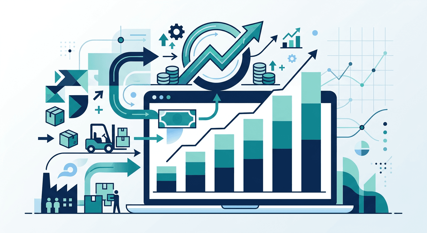 A stylized cash flow dashboard with an ascending bar chart and a credit line icon