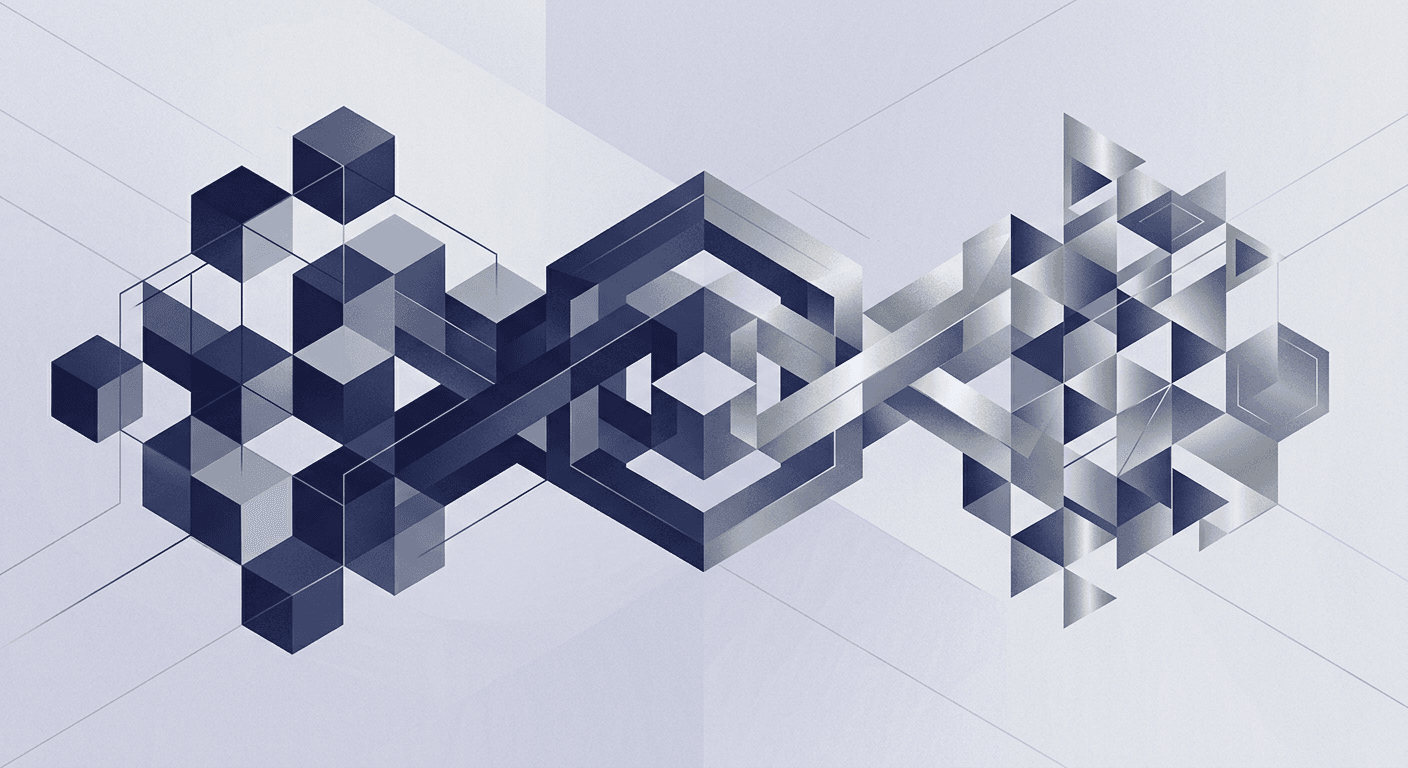 Abstract illustration of two interlocking infrastructure modules merging into a single European financial network
