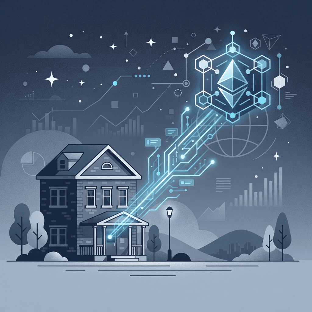 A small community bank building connected by a glowing digital network line to a stablecoin node icon