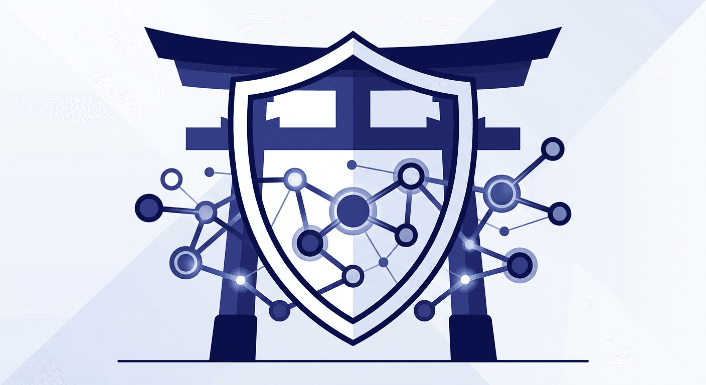 A stylized torii gate merged with interconnected liquidity pool nodes and a regulatory shield icon