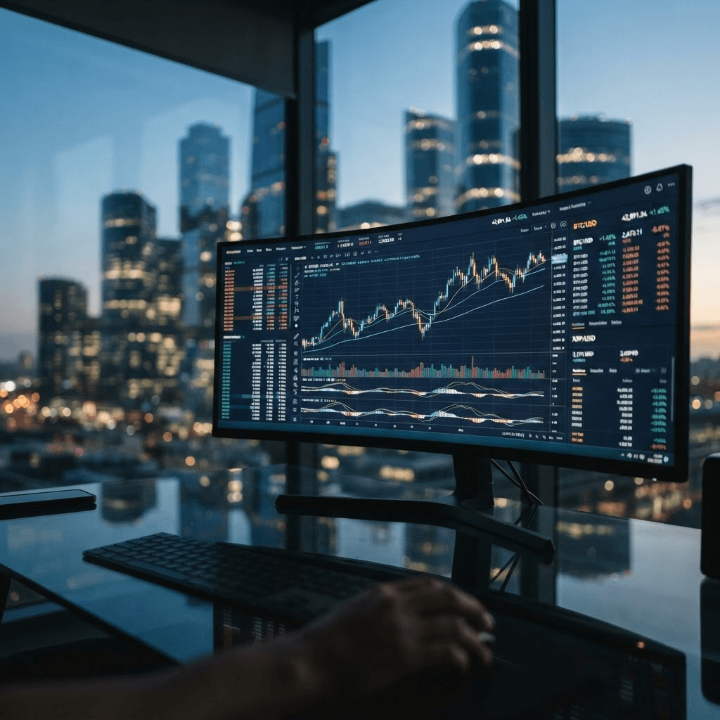 A trading desk monitor displaying abstract candlestick charts reflected on a dark glass surface