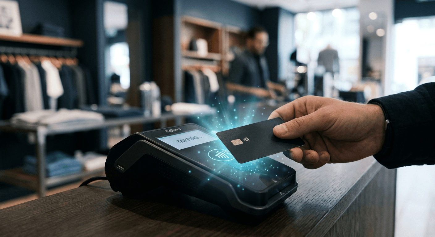 A card tapping a point-of-sale terminal with a subtle digital glow suggesting behind-the-scenes settlement