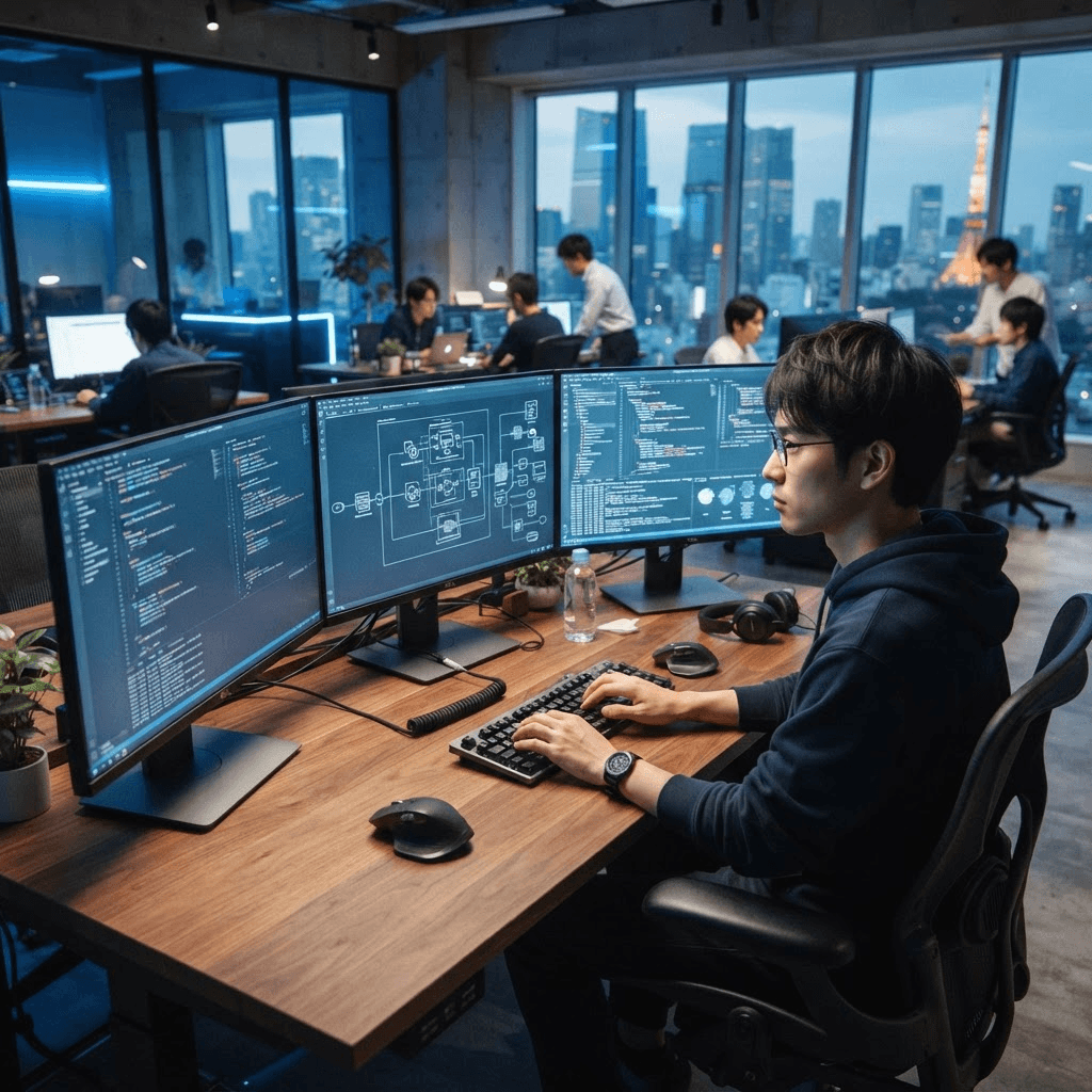 A software engineer's desk with multiple monitors showing abstract code and system architecture diagrams