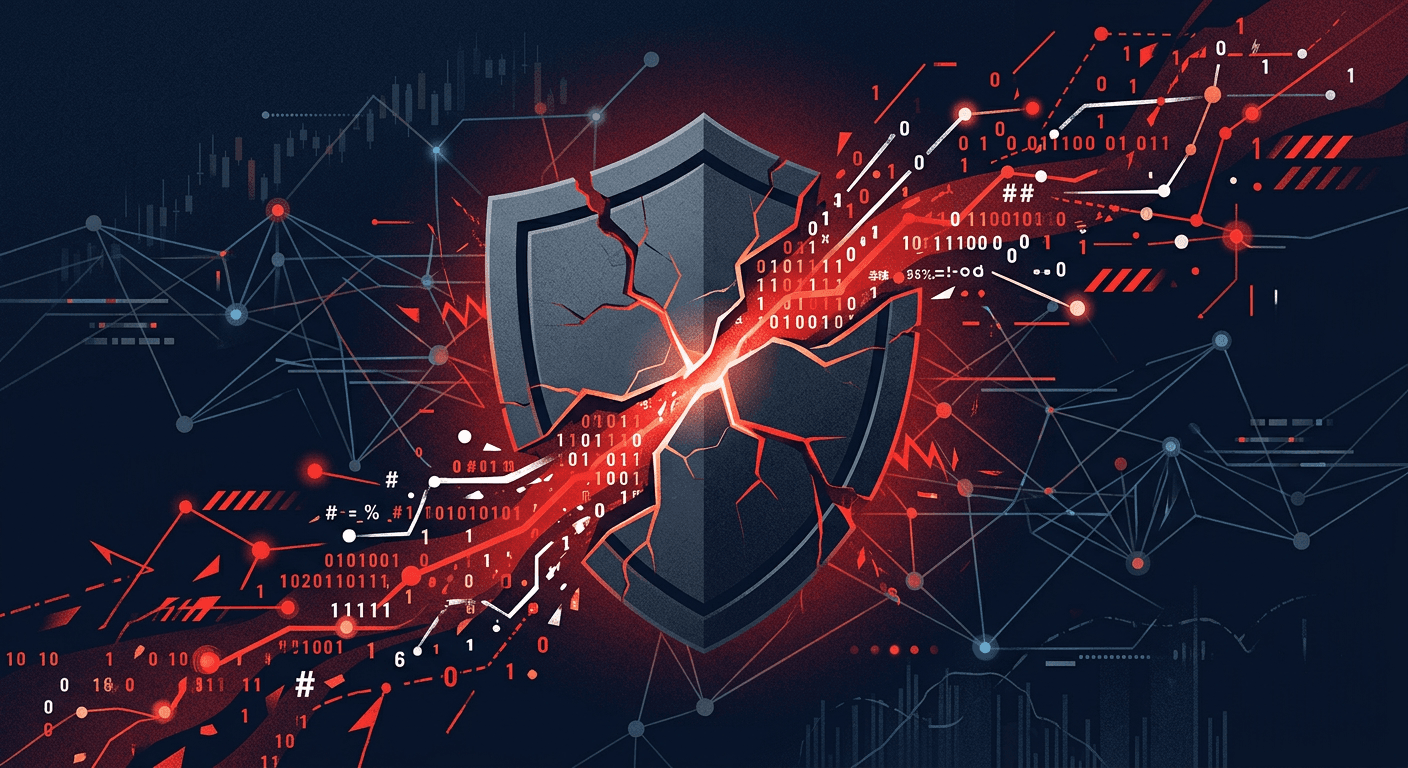 Abstract illustration of a cracked digital shield with data fragments leaking from a network