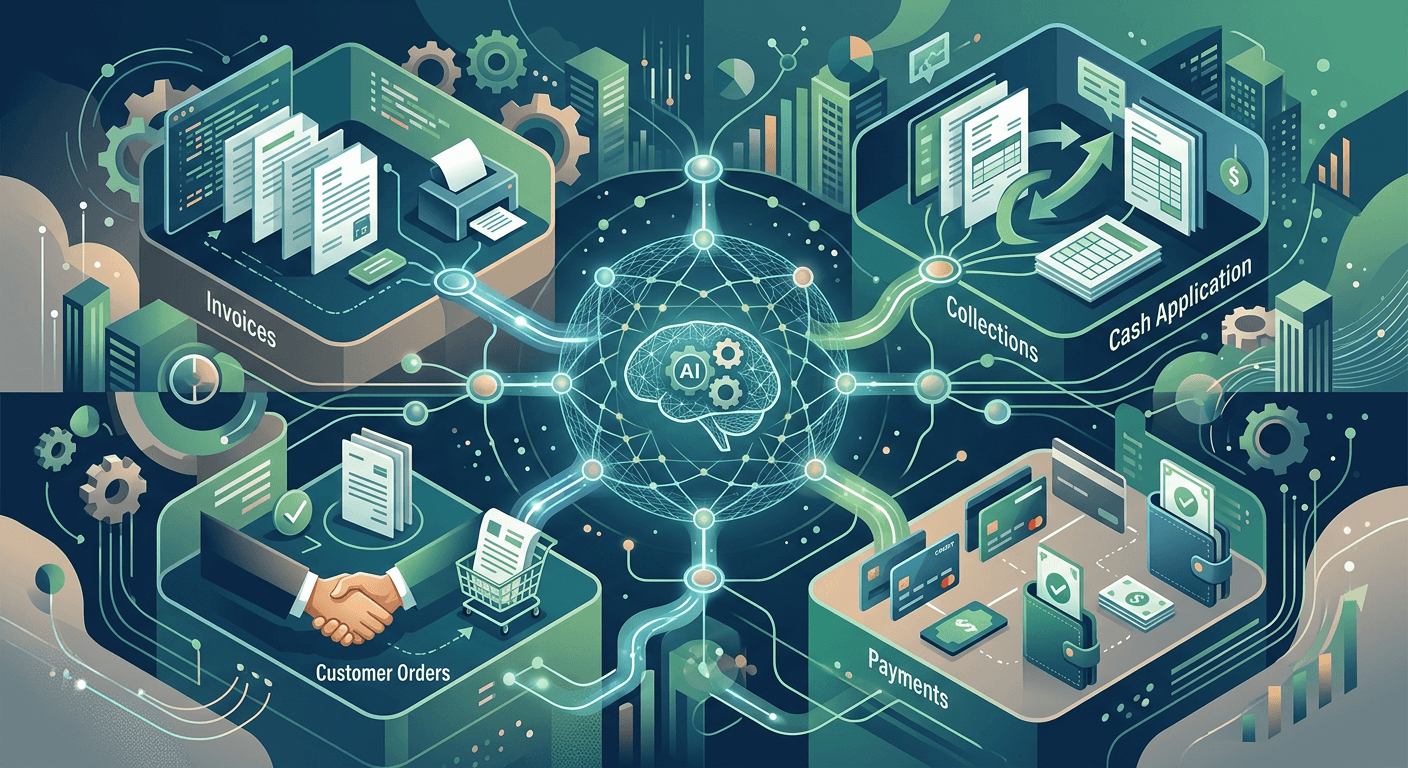 AI automation network connecting orders, invoices, collections, payments and cash application