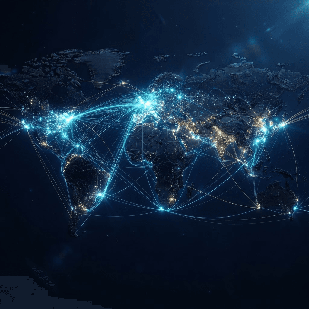 An abstract visualization of a global banking network with glowing connected nodes across a world map