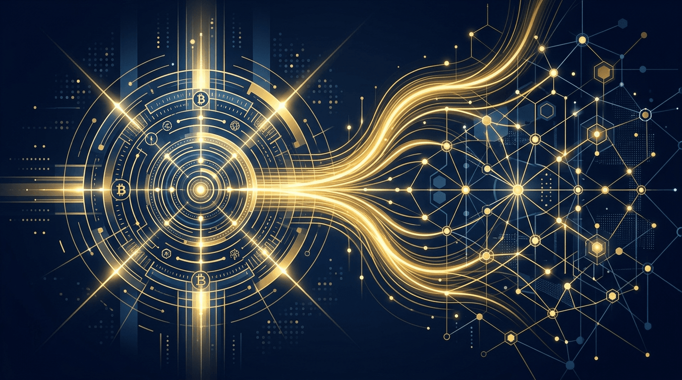 An abstract illustration of a glowing digital vault with streams of light flowing into a tokenized network grid