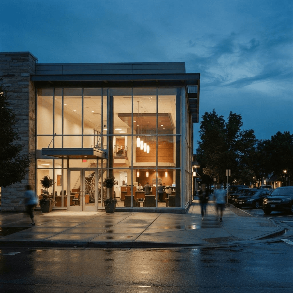 A modern regional bank branch exterior at dusk with a glass facade and warm interior lighting
