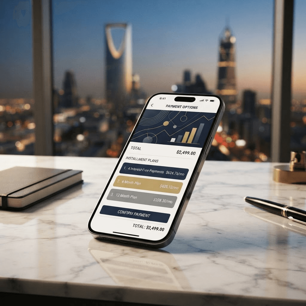 A smartphone displaying an abstract installment-payment checkout screen on a marble desk