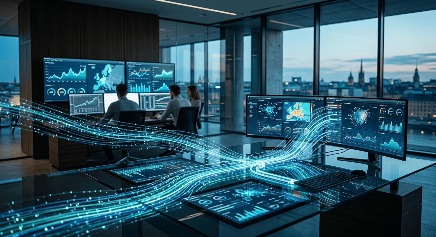 An abstract visualization of payment data flowing into real-time analytics dashboards in cool blue tones